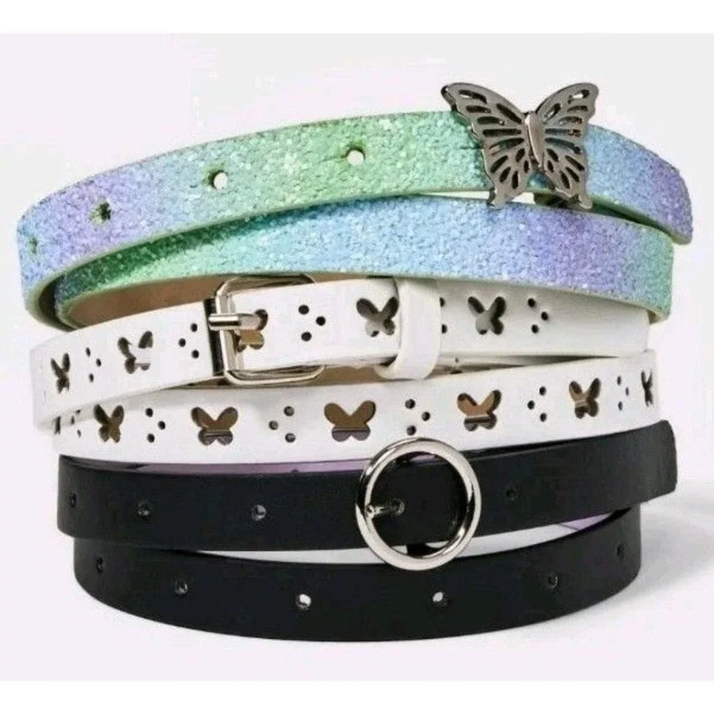 Cat & Jack Kids Girls 3pk Butterfly Rainbow Belt Set Glitter Iridescent...